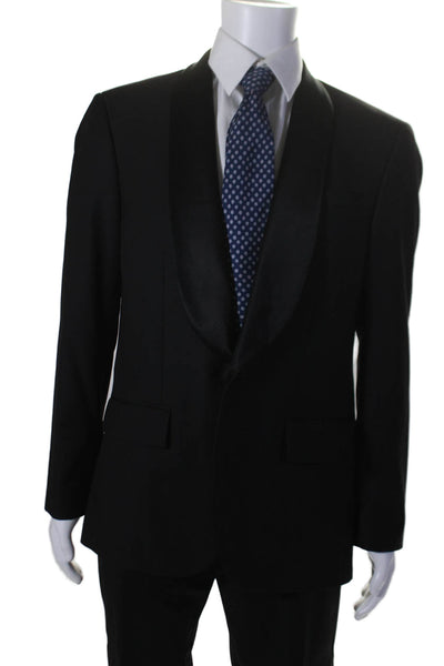 H&M Mens Single Button Satin Collar Pleated Tuxedo Suit Black Wool Size 42R