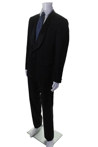 H&M Mens Single Button Satin Collar Pleated Tuxedo Suit Black Wool Size 42R