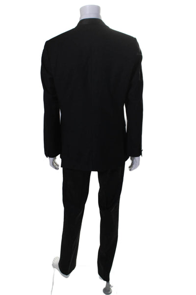 H&M Mens Single Button Satin Collar Pleated Tuxedo Suit Black Wool Size 42R