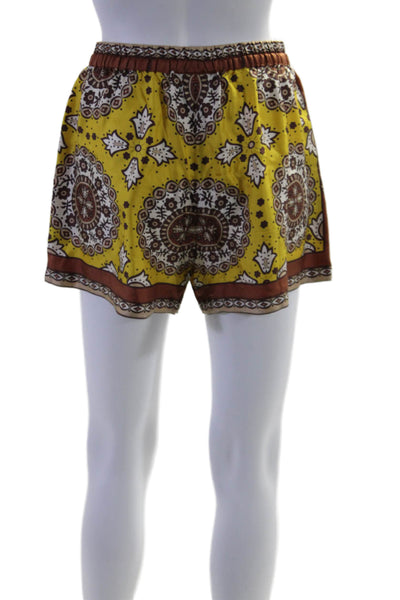 Nili Lotan Womens Mid Rise Drawstring Abstract Silk Shorts Yellow Brown Size XS