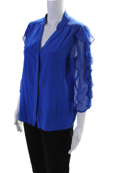 Tibi Womens Silk Ruffle Sleeve V-neck Button Sleek Blouse Blue Size 4