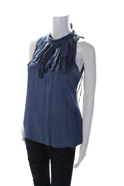 Elie Tahari Womens Silk Halter Neckline Ruffle Textured Sleek Tank Blouse Blue S