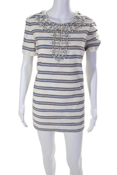 Tory Burch Womens Short Sleeve Embellished Striped Shift Dress White Size 10