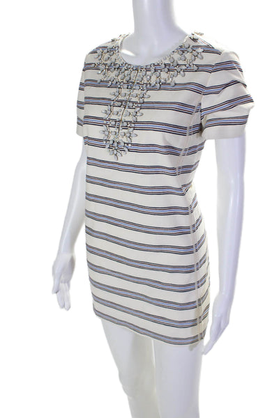 Tory Burch Womens Short Sleeve Embellished Striped Shift Dress White Size 10