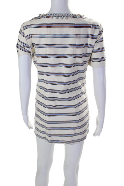 Tory Burch Womens Short Sleeve Embellished Striped Shift Dress White Size 10