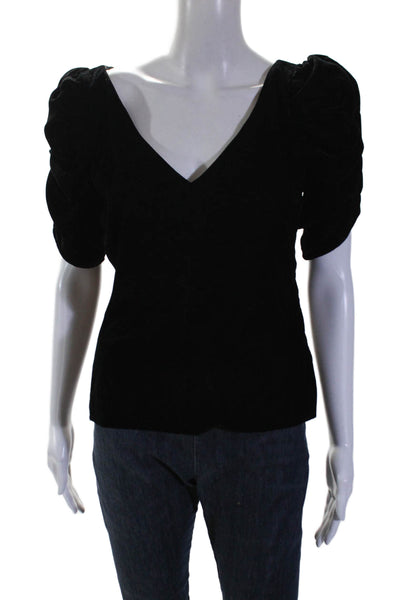 Frame Womens Soft Textured Ruched Short Sleeved V Neck Blouse Black Size M