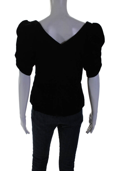 Frame Womens Soft Textured Ruched Short Sleeved V Neck Blouse Black Size M