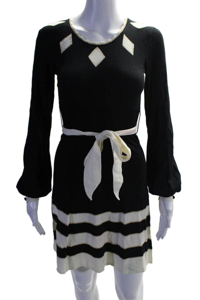 Alice Temperley Womens Long Sleeve Crew Neck Striped Knit Dress Black White XS