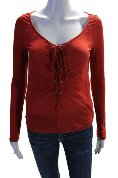 BCBGMAXAZRIA Womens Long Sleeve Lace Up Silk Shirt Red Size Extra Small