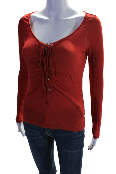 BCBGMAXAZRIA Womens Long Sleeve Lace Up Silk Shirt Red Size Extra Small