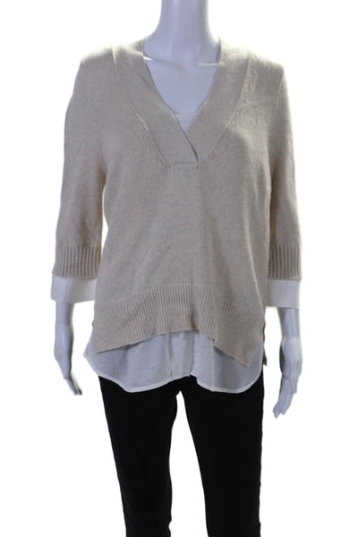 Brochu Walker Womens Cashmere Long Sleeve V-neck Rib Knit Layer Sweater Beige Si