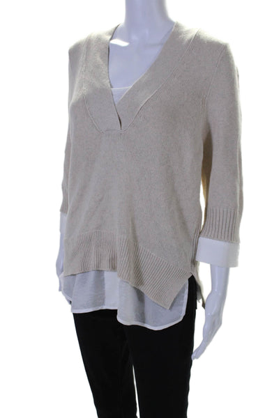 Brochu Walker Womens Cashmere Long Sleeve V-neck Rib Knit Layer Sweater Beige Si