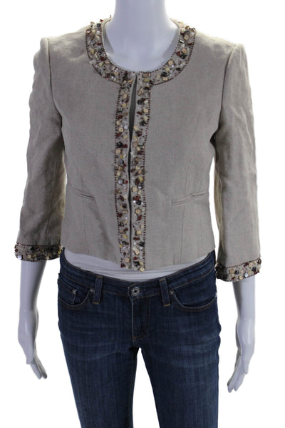 BCBGMAXAZRIA Womens Linen Cotton Beaded Hook and Loop Blazer Beige Size XS