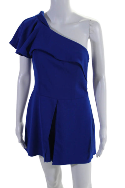 Amanda Uprichard Womens One Shoulder Ruffle Trim Sleeveless Romper Cobalt Size M