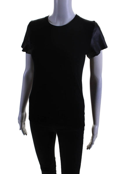 Vince Womens Knitted Round Neck Patchwork Leather Short Sleeve Top Black Size XS