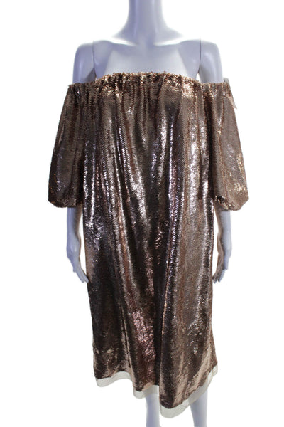 Ulla Johnson Womens Short Sleeve Off Shoulder Sequin Shift Dress Brown Size 0