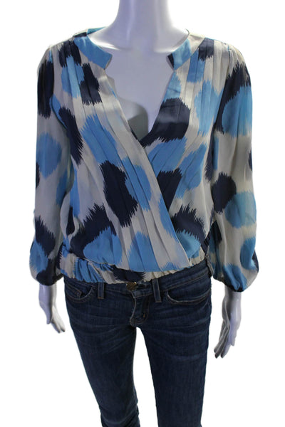 Leifsdottir Womens Silk Abstract Print Long Sleeves Blouse White Blue Size 8