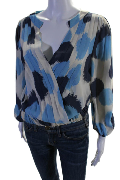 Leifsdottir Womens Silk Abstract Print Long Sleeves Blouse White Blue Size 8