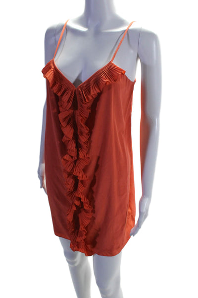 Tibi Womens Silk Pleated Ruffled V Neck Spaghetti Strap Dress Orange Size 6