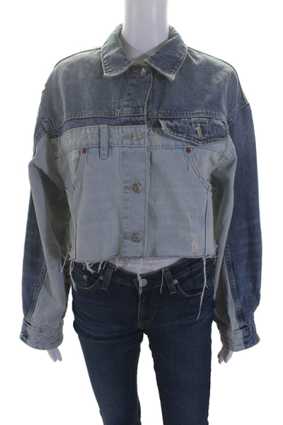 Zara Womens Button Front Distressed Cropped Jean Jacket Blue Denim Size Medium