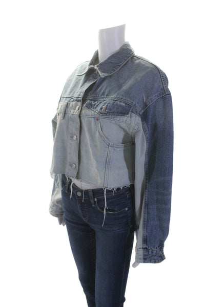 Zara Womens Button Front Distressed Cropped Jean Jacket Blue Denim Size Medium