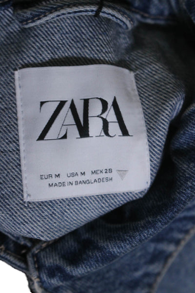 Zara Womens Button Front Distressed Cropped Jean Jacket Blue Denim Size Medium