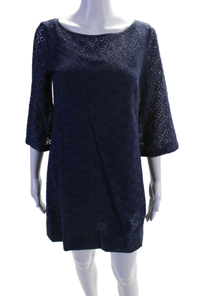 Laundry by Shelli Segal Womens Crochet Long Sleeves Dress Navy Blue Cotton Size