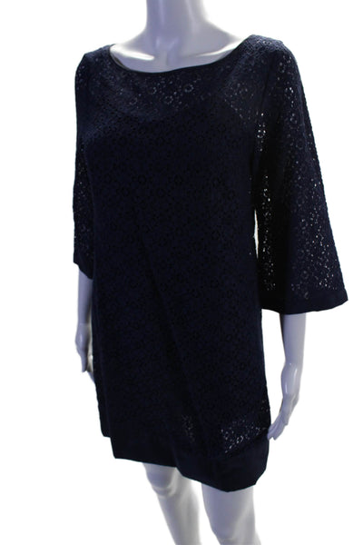 Laundry by Shelli Segal Womens Crochet Long Sleeves Dress Navy Blue Cotton Size