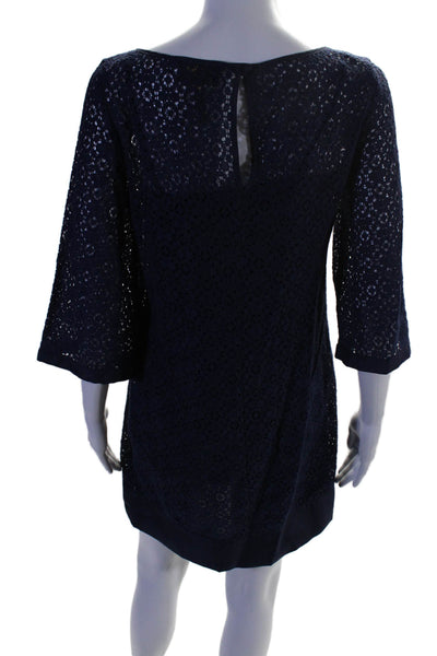 Laundry by Shelli Segal Womens Crochet Long Sleeves Dress Navy Blue Cotton Size