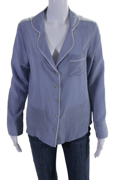 Maison du Soir Womens Silk Long Sleeve Button Down Sleep Shirt Blue Size S