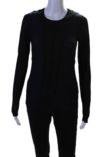 Rag & Bone Womens Long Sleeve Crew Neck Open Knit Trim Top Navy Black Size Small