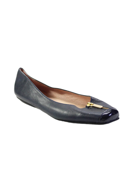 FS/NY Women Leather Zip Front Cap Toe Slide On Ballet Flats Navy Blue Size 8 B