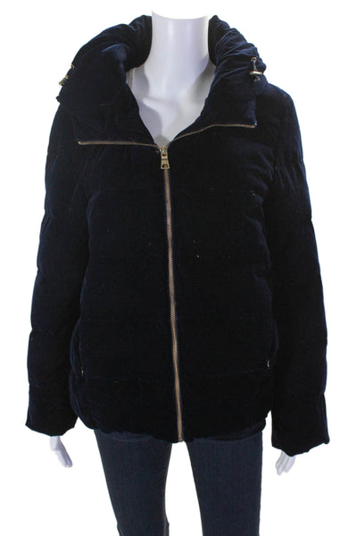 Zara Basic Womens Quilted Textured Full Zip Hood Puffer Jacket Navy Size M