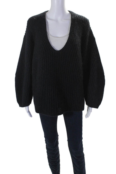 T Alexander Wang Womens Cotton Long Sleeve V Neck Pullover Sweater Black Size L