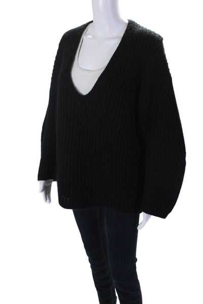 T Alexander Wang Womens Cotton Long Sleeve V Neck Pullover Sweater Black Size L