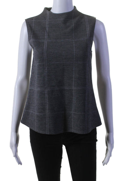 Theory Womens Textured Sleeveless High Neck Plaid Tank Blouse Gray Size S