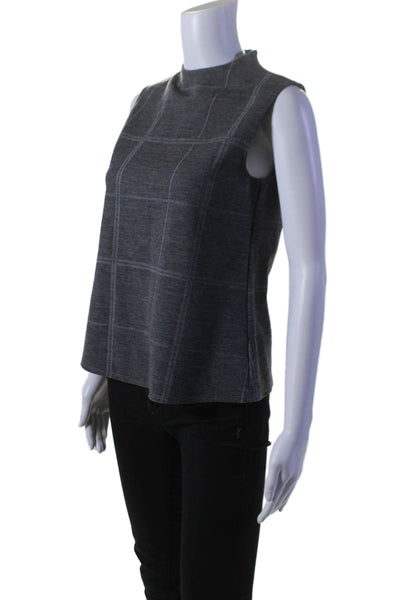 Theory Womens Textured Sleeveless High Neck Plaid Tank Blouse Gray Size S