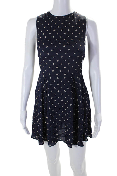 Reformation Womens Textured Sleeveless High Neck Dotted Print Skater Dress Navy