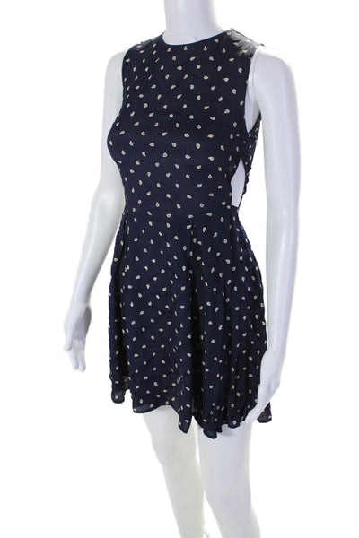 Reformation Womens Textured Sleeveless High Neck Dotted Print Skater Dress Navy