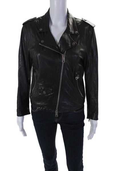 Mademoiselle Venise Womens Leather Zipper Closure Motorcycle Jacket Black Size L