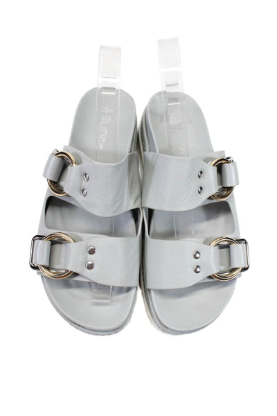 J/Slides Womens Leather Slide On Silver Tone Buckle Sandals Gray Size 8