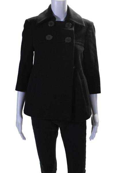 Elie Tahari Womens Textured Lined Long Sleeve Button Pea Coat Black Size S