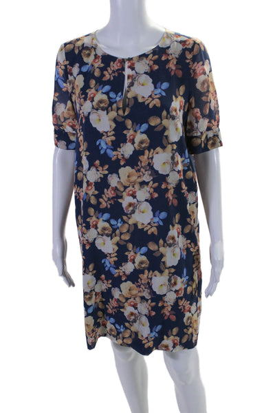 J Crew Womens Silk Floral Print Short Sleeves Shirt Dress Navy Blue Size 4