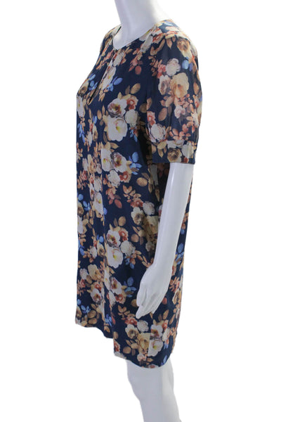 J Crew Womens Silk Floral Print Short Sleeves Shirt Dress Navy Blue Size 4