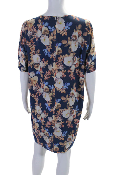 J Crew Womens Silk Floral Print Short Sleeves Shirt Dress Navy Blue Size 4