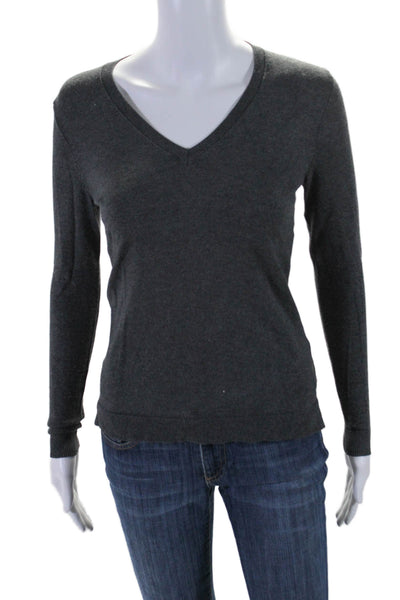 525 America Womens Textured V-neck Long Sleeve Fitted Knit Top Gray Size XS