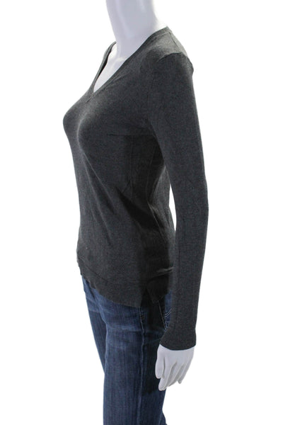 525 America Womens Textured V-neck Long Sleeve Fitted Knit Top Gray Size XS