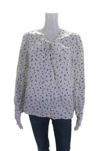 La Vie Womens Cotton Long Sleeve V-neck Printed Button Up Blouse White Size M