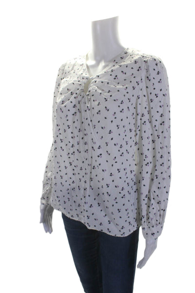 La Vie Womens Cotton Long Sleeve V-neck Printed Button Up Blouse White Size M