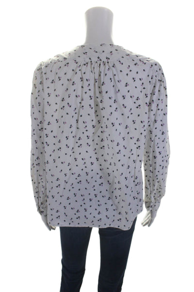 La Vie Womens Cotton Long Sleeve V-neck Printed Button Up Blouse White Size M